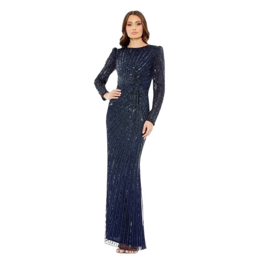 Mac‎ Duggal 5641 Navy Embellished Puff Sleeve Side Knot Dress Size 10 $598